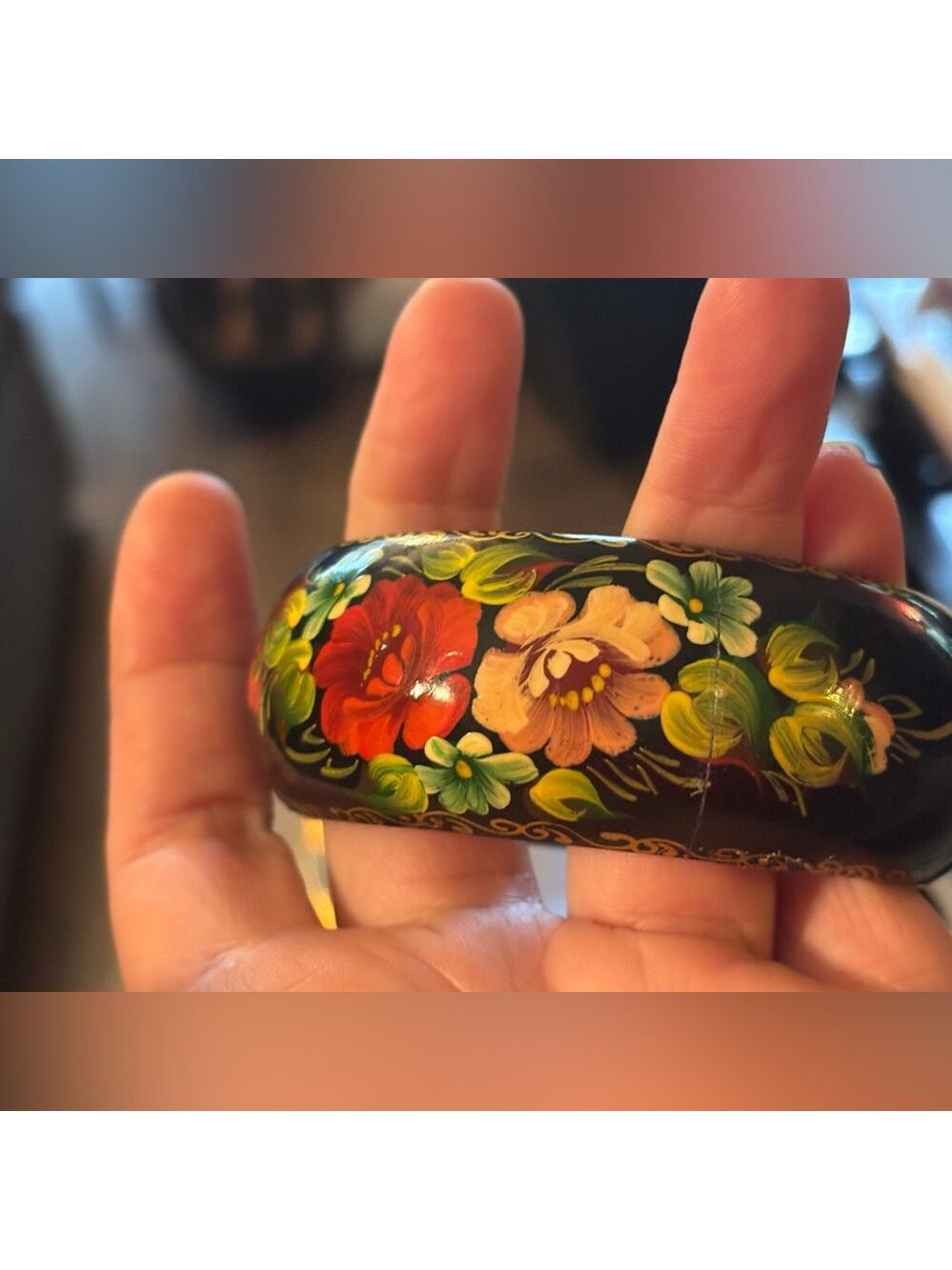 VINTAGE Russian Black Lacquer Floral Painted Bangle Bracelet Small - Picture 15 of 17